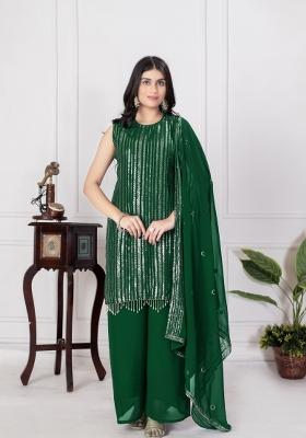 Green Embroidered Chinon Shararra Set With Dupatta