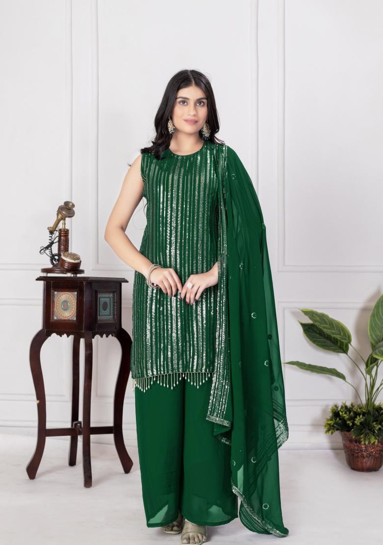 Green Embroidered Chinon Shararra Set With Dupatta