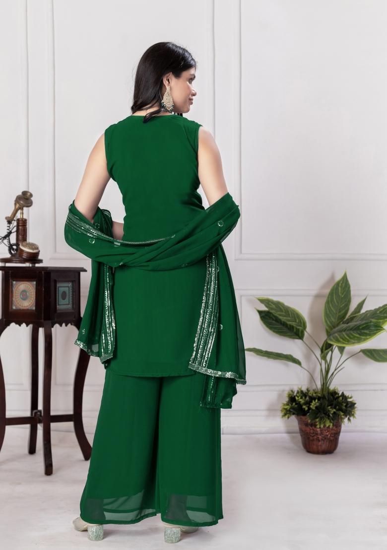 Green Embroidered Chinon Shararra Set With Dupatta