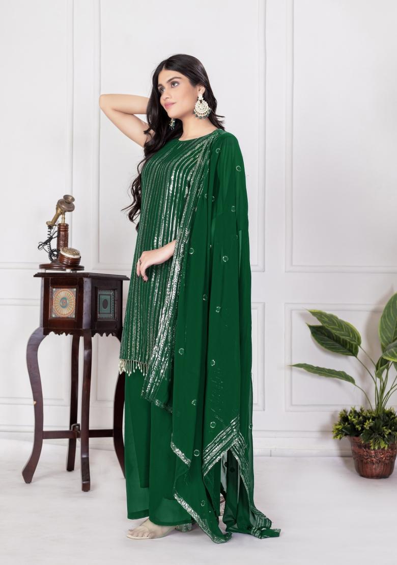 Green Embroidered Chinon Shararra Set With Dupatta