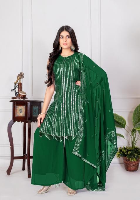Green Embroidered Chinon Shararra Set With Dupatta
