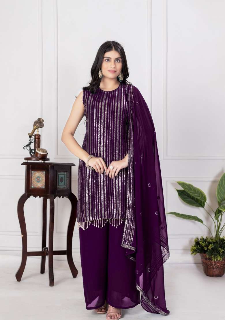 Purple Sequin Work Chinon Sharara Set - Indya