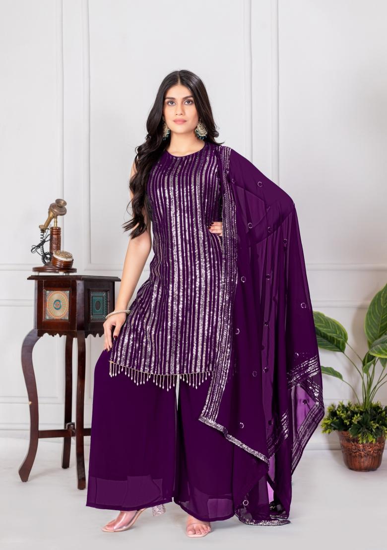 Purple Embroidered Chinon Shararra Set With Dupatta