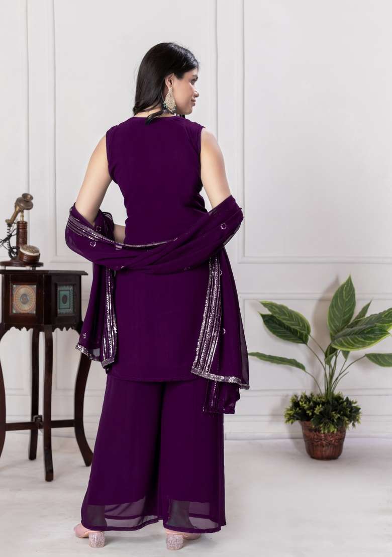 Purple Sequin Work Chinon Sharara Set - Indya