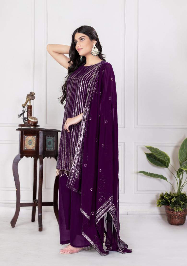Purple Embroidered Chinon Shararra Set With Dupatta
