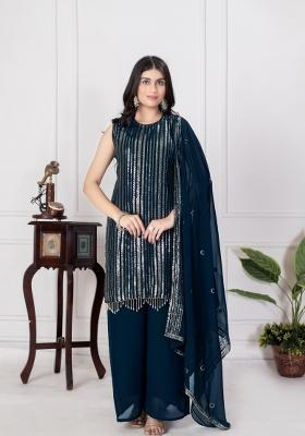 Teal Blue Embroidered Chinon Shararra Set With Dupatta