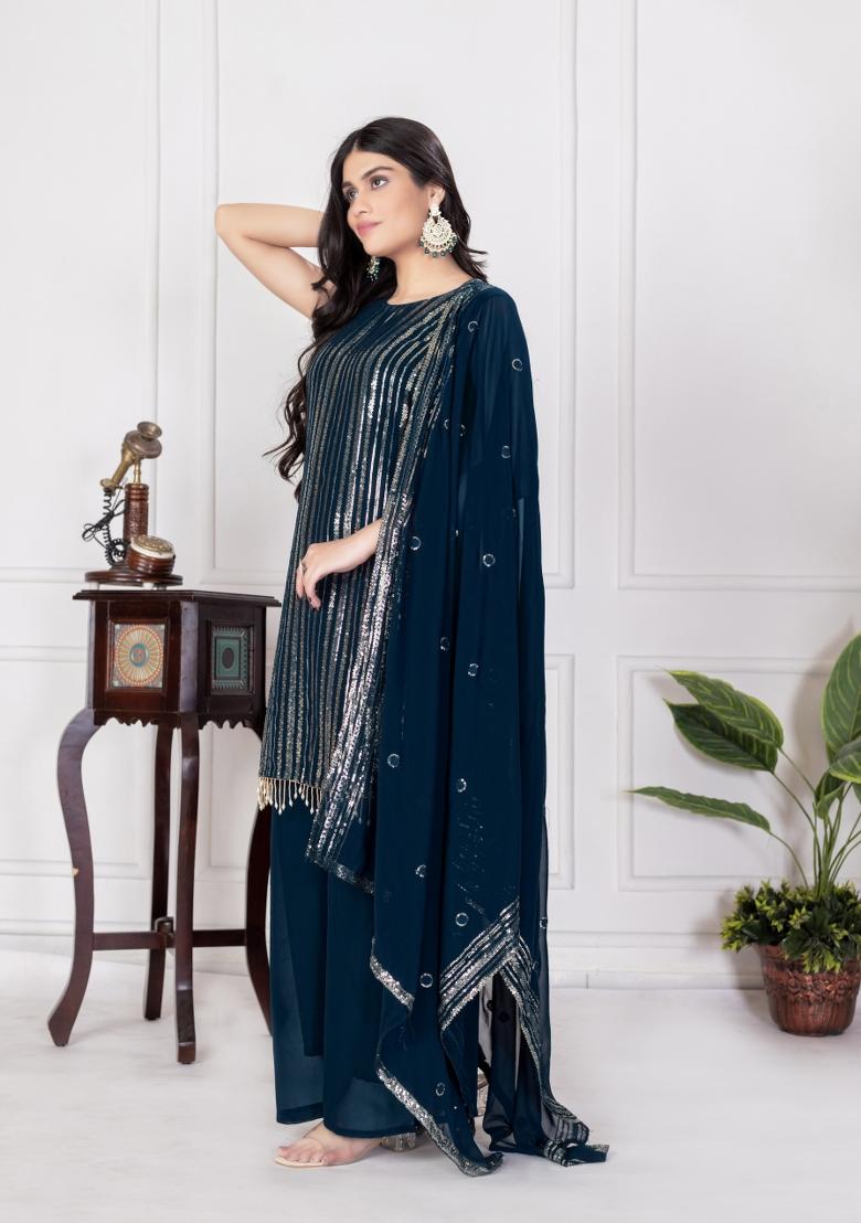 Teal Blue Embroidered Chinon Shararra Set With Dupatta