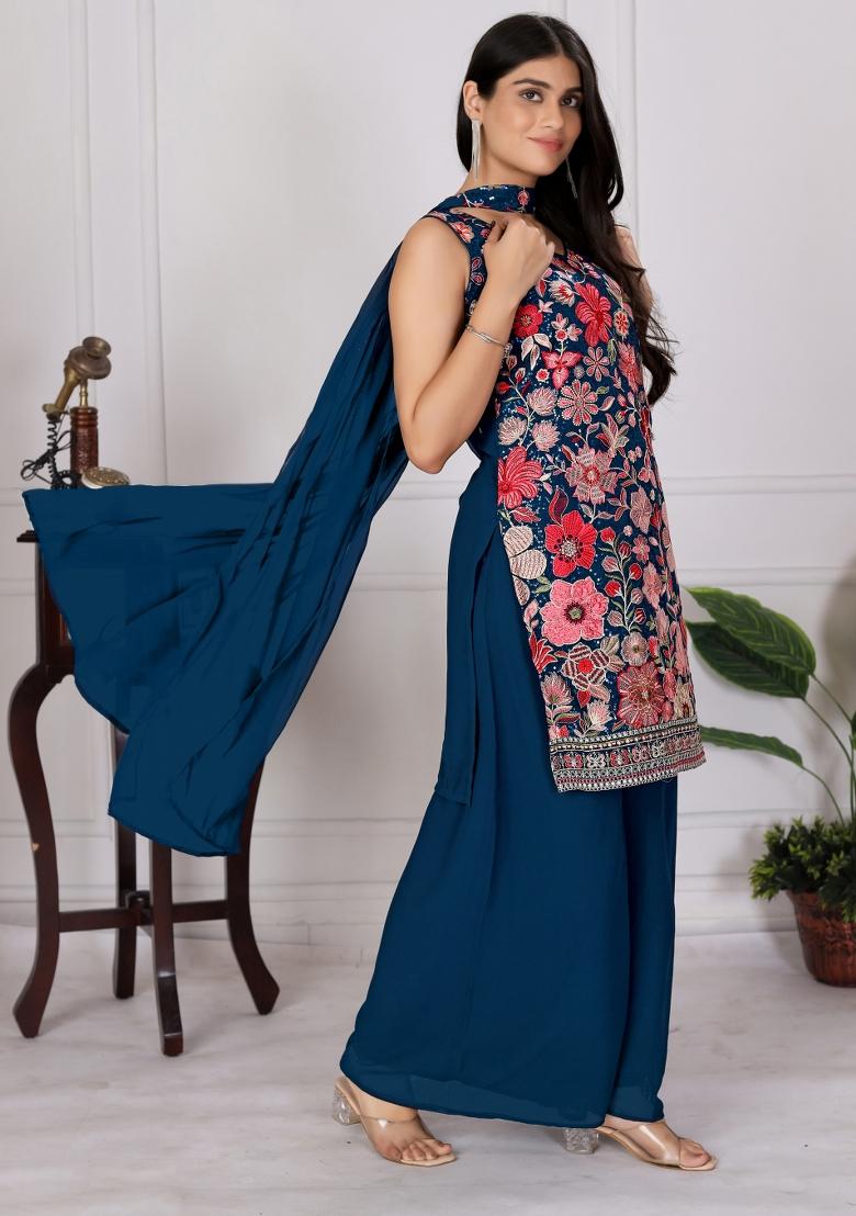 Teal Blue Embroidered Chinon Shararra Set With Dupatta