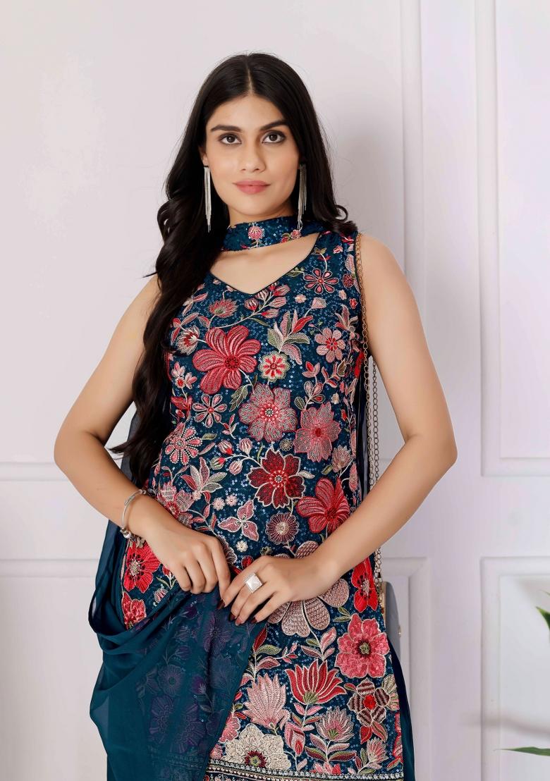 Teal Blue Embroidered Chinon Shararra Set With Dupatta