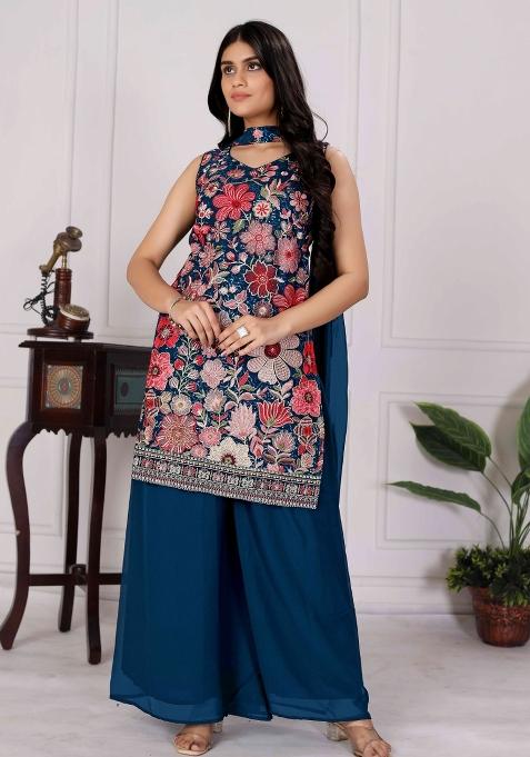 Teal Blue Embroidered Chinon Shararra Set With Dupatta