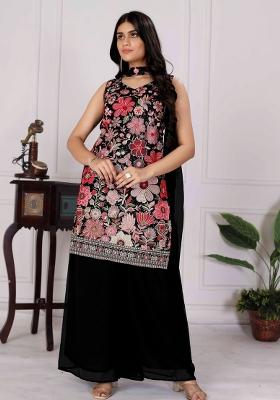 Black Embroidered Chinon Shararra Set With Dupatta