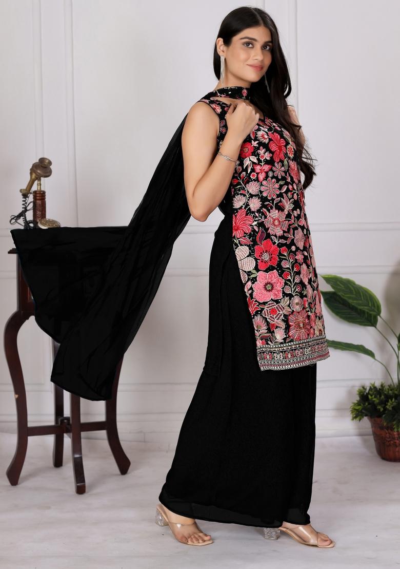 Black Embroidered Chinon Shararra Set With Dupatta