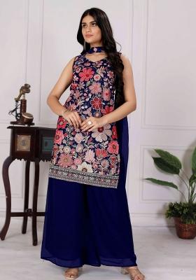 Navy Blue Embroidered Chinon Shararra Set With Dupatta