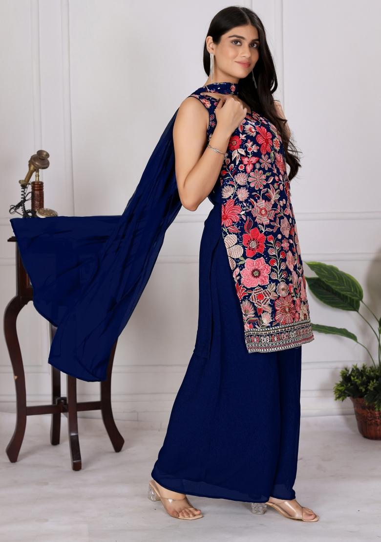 Navy Blue Embroidered Chinon Shararra Set With Dupatta