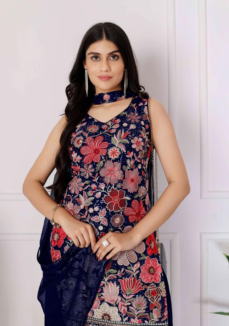 Navy Blue Embroidered Chinon Shararra Set With Dupatta