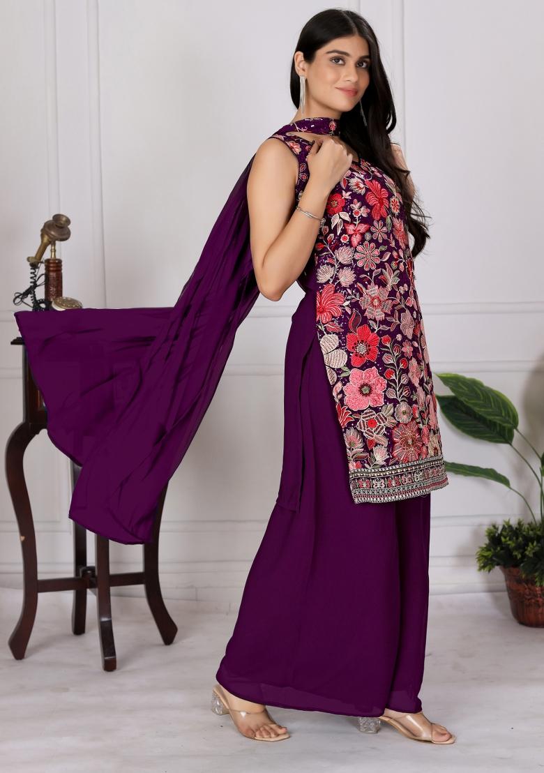 Wine Embroidered Chinon Shararra Set With Dupatta