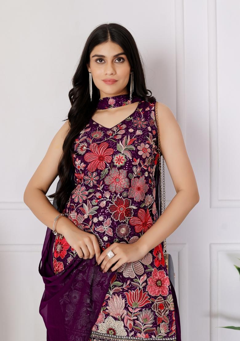 Wine Embroidered Chinon Shararra Set With Dupatta