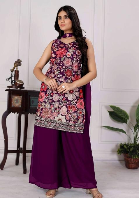 Wine Embroidered Chinon Shararra Set With Dupatta