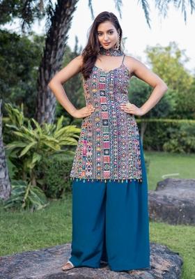 Teal Blue Embroidered Chinon Shararra Set With Dupatta