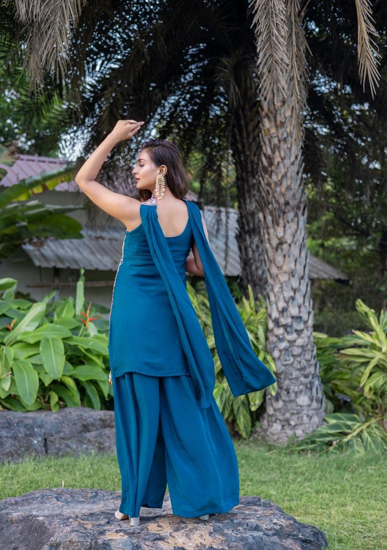 Teal Blue Embroidered Chinon Shararra Set With Dupatta