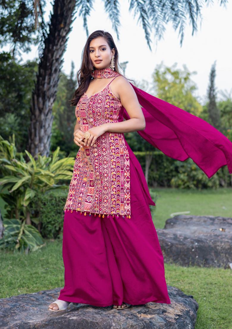 Magenta Embroidered Chinon Shararra Set With Dupatta