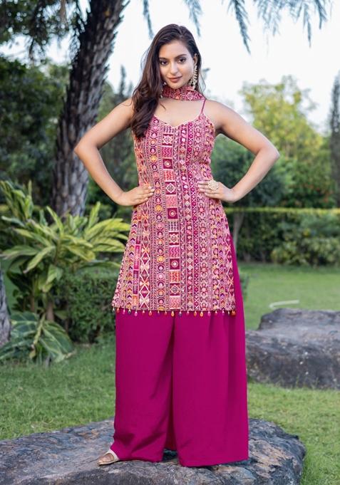 Magenta Embroidered Chinon Shararra Set With Dupatta