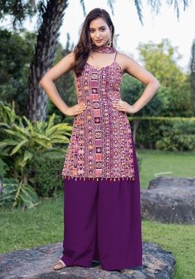 Wine Embroidered Chinon Shararra Set With Dupatta