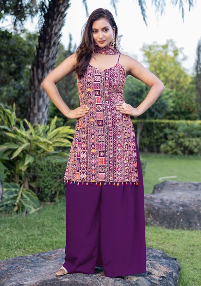 Wine Printed Chinon Sharara Set - Indya