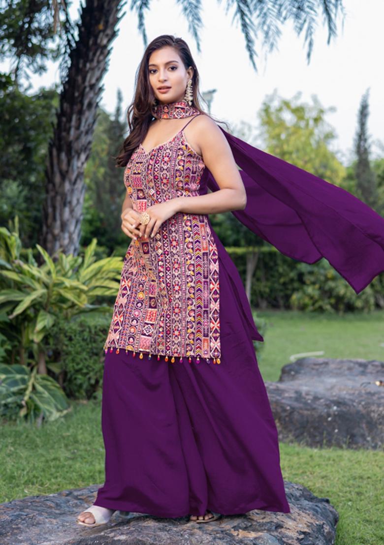 Wine Embroidered Chinon Shararra Set With Dupatta