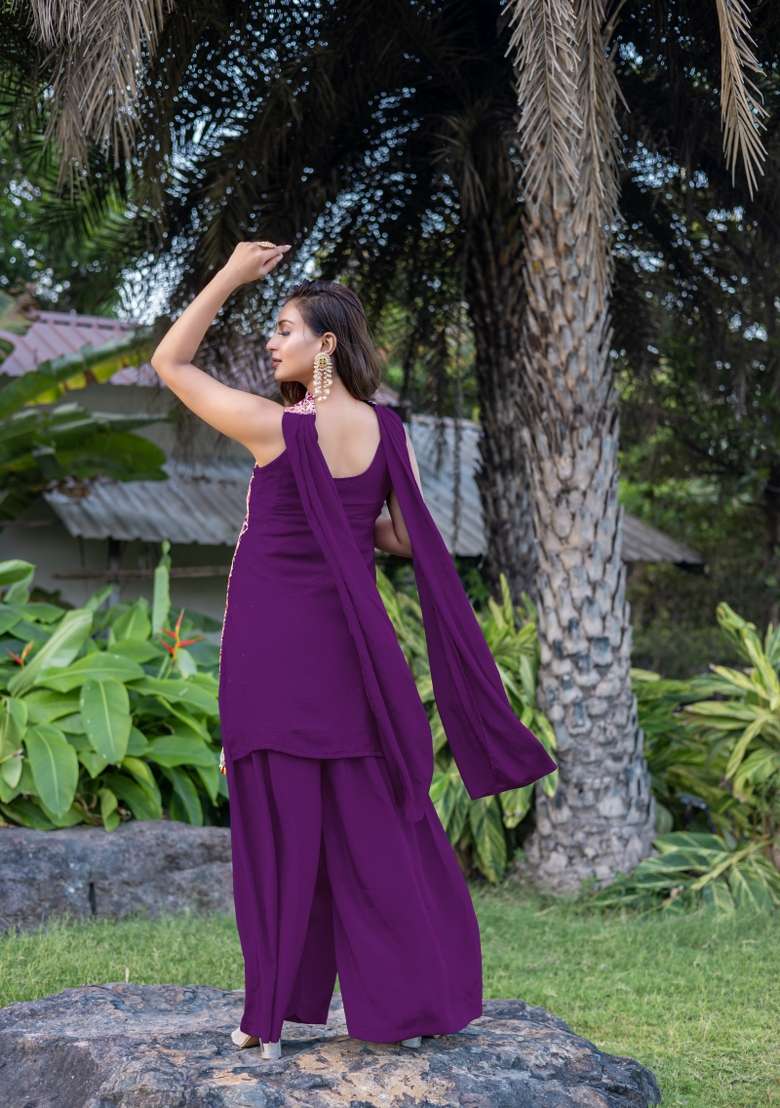 Wine Printed Chinon Sharara Set - Indya