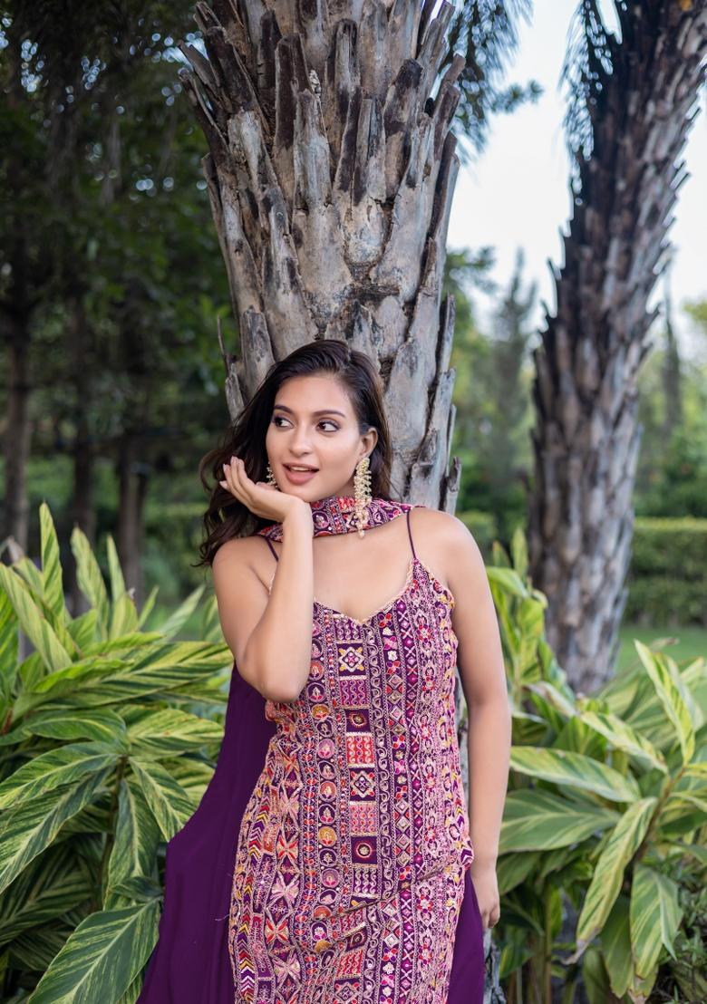 Wine Embroidered Chinon Shararra Set With Dupatta