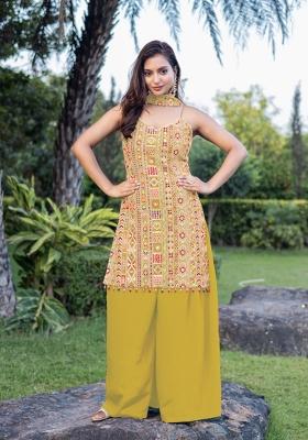 Yellow Embroidered Chinon Shararra Set With Dupatta