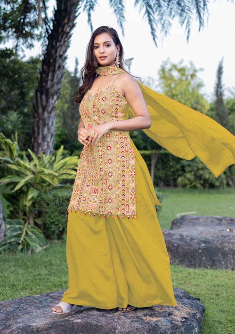 Yellow Embroidered Chinon Shararra Set With Dupatta