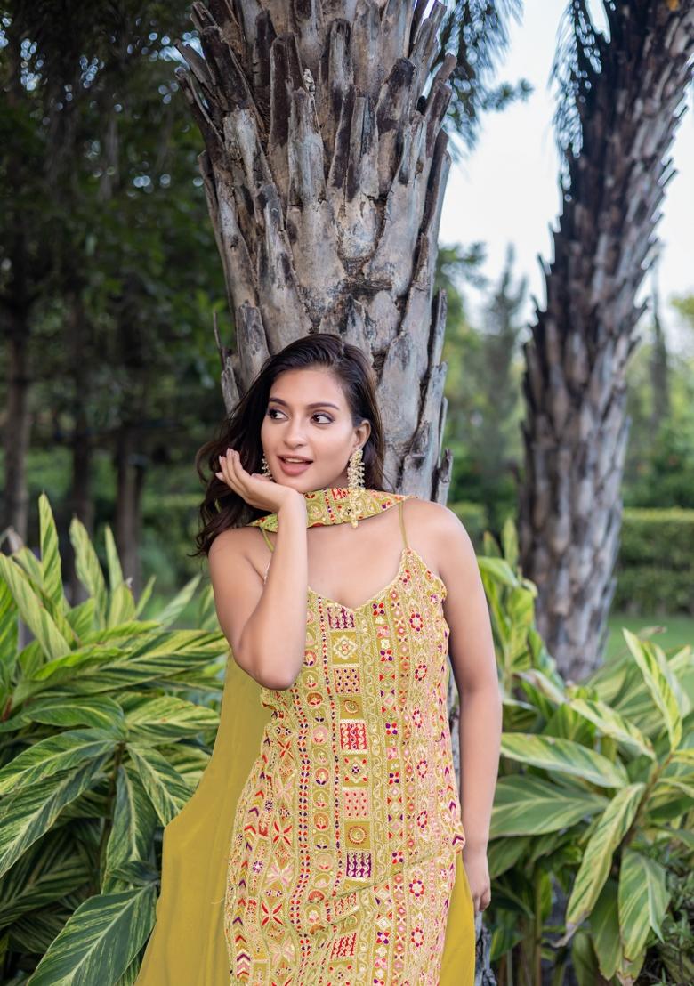 Yellow Embroidered Chinon Shararra Set With Dupatta