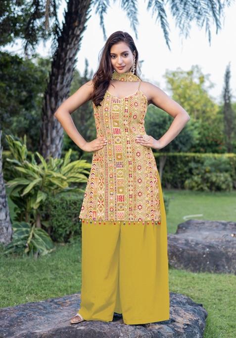 Yellow Embroidered Chinon Shararra Set With Dupatta