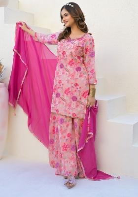 Pink Digital Printed Georgette Sharara Set With Dupatta