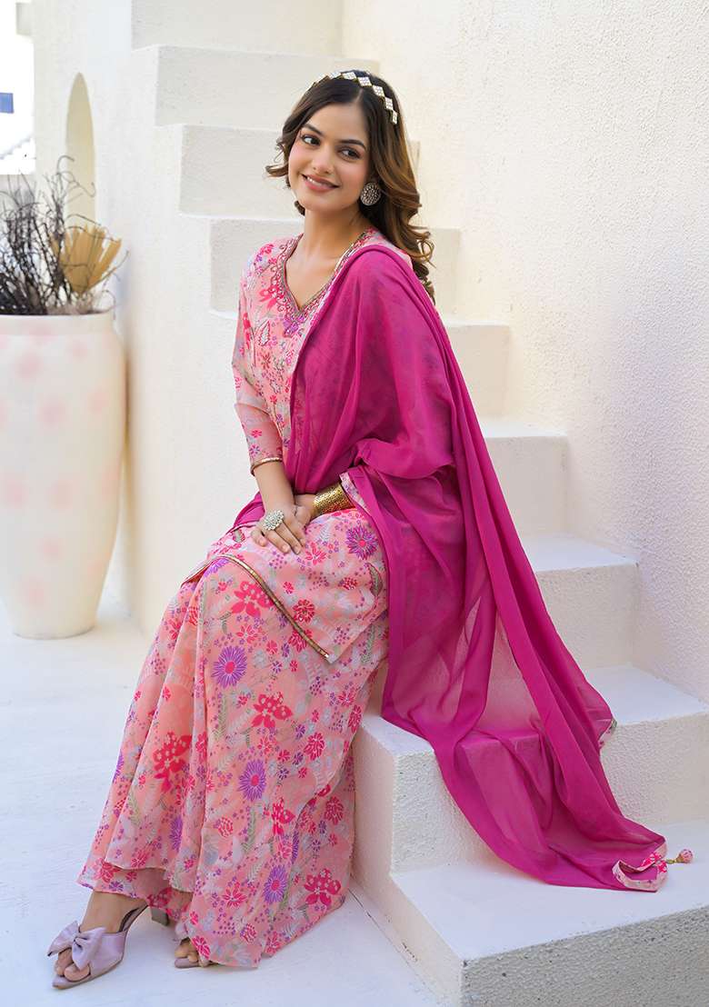 Pink Digital Printed Georgette Sharara Set With Dupatta - Indya