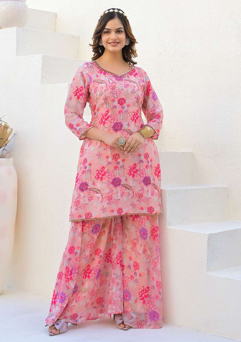 Pink Digital Printed Georgette Sharara Set With Dupatta - Indya