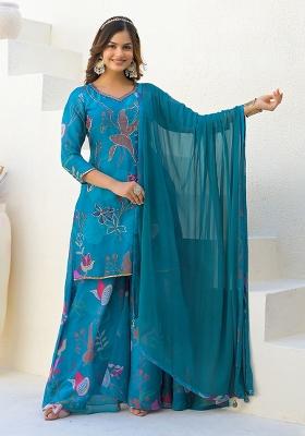 Blue Digital Printed Georgette Sharara Set With Dupatta