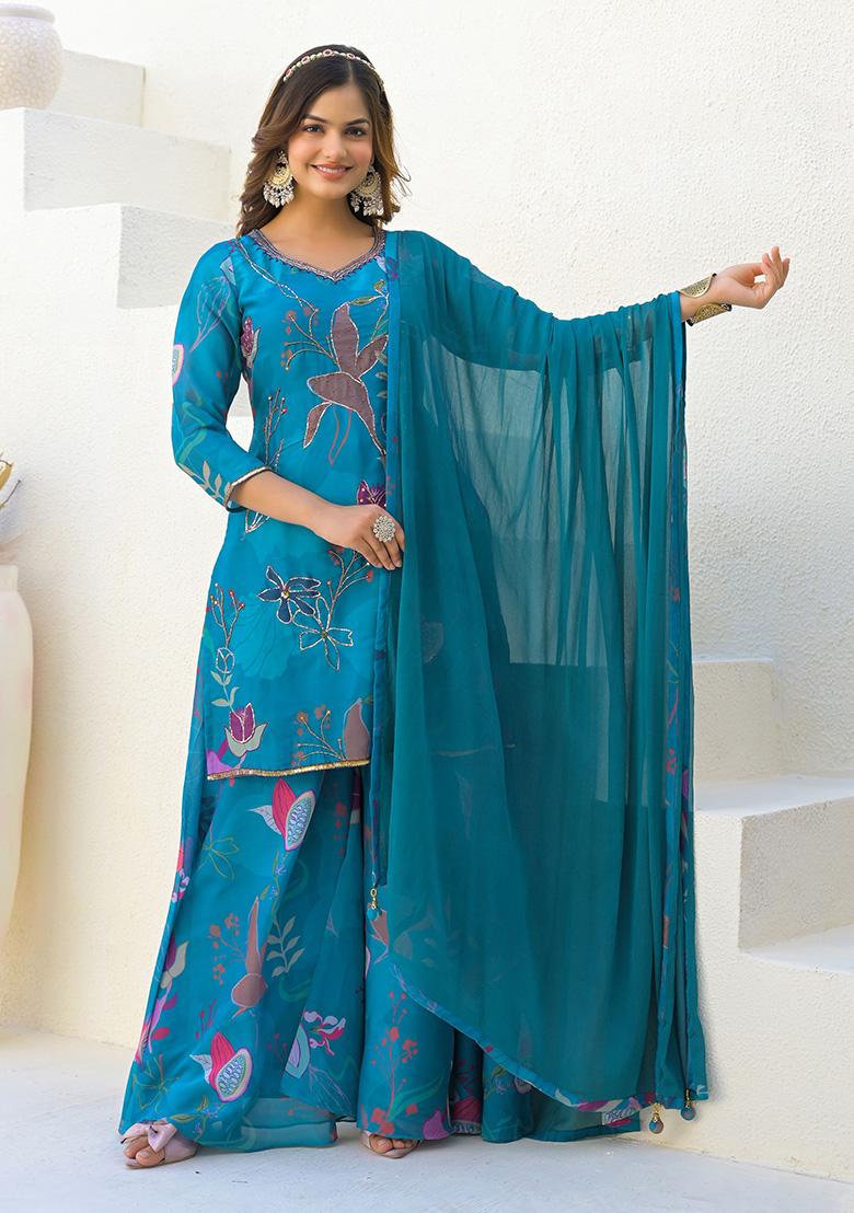 Blue Digital Printed Georgette Sharara Set With Dupatta