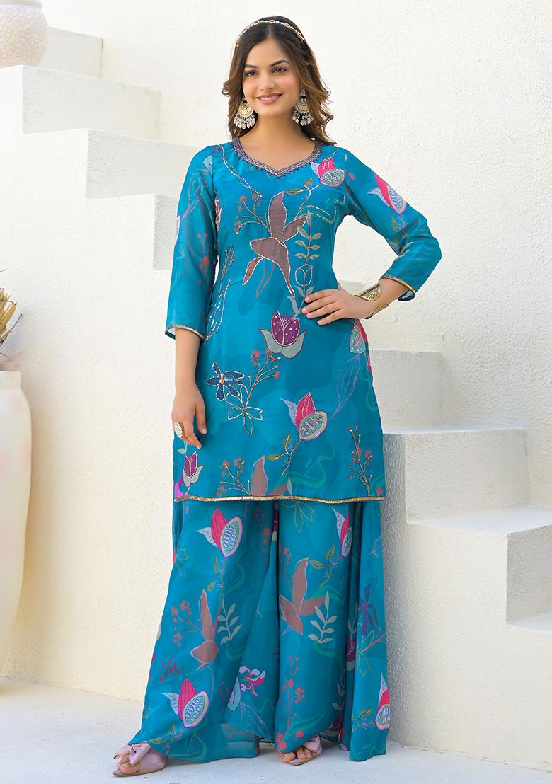 Blue Digital Printed Georgette Sharara Set With Dupatta