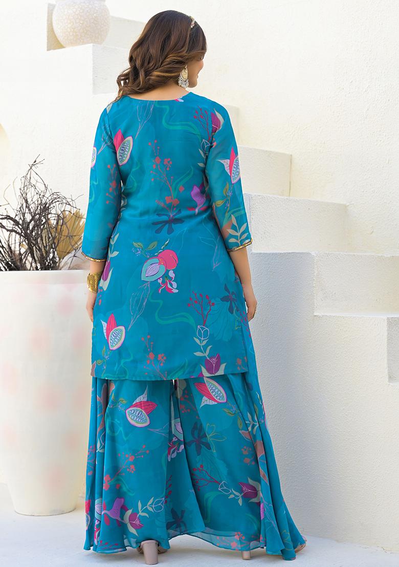 Blue Digital Printed Georgette Sharara Set With Dupatta