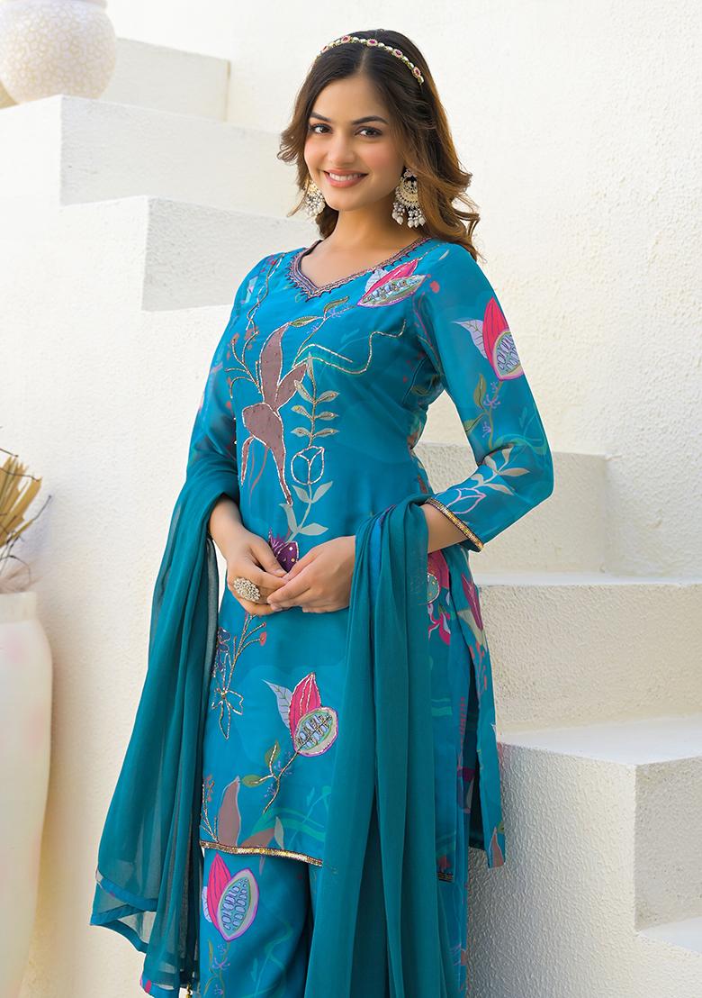 Blue Digital Printed Georgette Sharara Set With Dupatta
