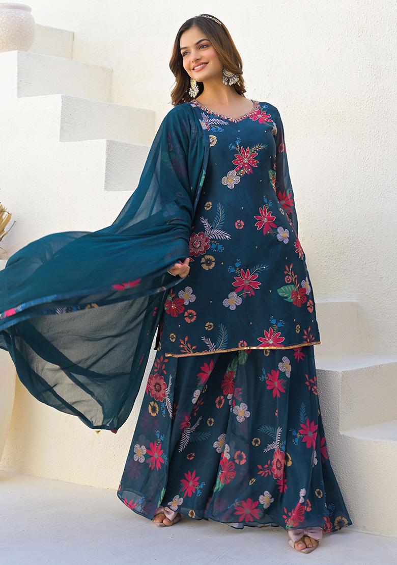 Blue Digital Printed Georgette Sharara Set With Dupatta