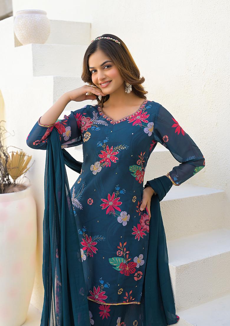 Blue Digital Printed Georgette Sharara Set With Dupatta
