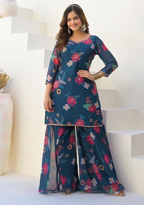 Blue Digital Printed Georgette Sharara Set With Dupatta