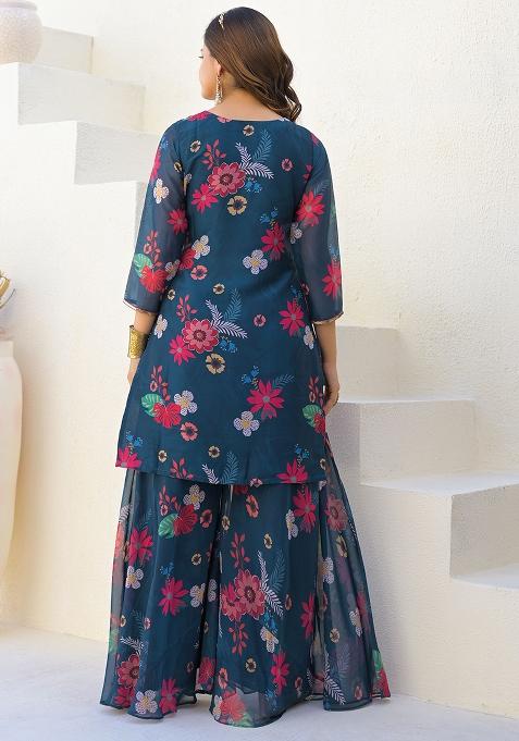 Blue Digital Printed Georgette Sharara Set With Dupatta