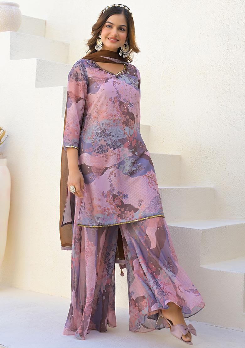 Pink Digital Printed Georgette Sharara Set With Dupatta