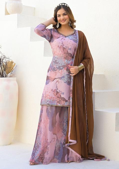Pink Digital Printed Georgette Sharara Set With Dupatta