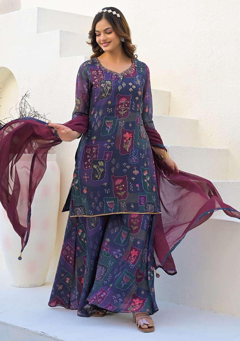 Purple Digital Printed Georgette Sharara Set With Dupatta - Indya